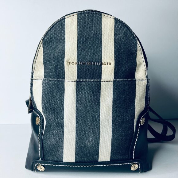 Tommy Hilfiger Striped Canvas Backpack Navy White Trim Y2K Retro Streetwear - Picture 1 of 9